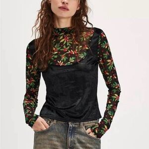 NWT Free People Holly Layering Twosie Velvet Mesh High Neck Top Size Large